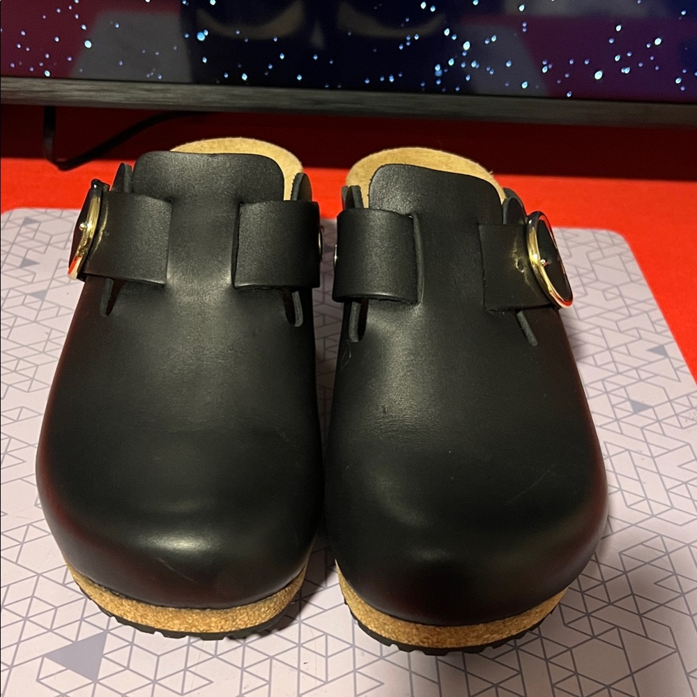 Papillio Black Slippers with Gold Buckle
